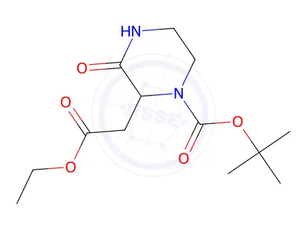 Chemical structure of 2-Ethoxycarbonylmethyl-3-oxo-piperazine-1-carboxylic Acid tert-Butyl Ester