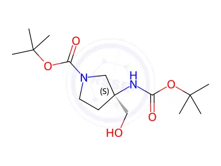 Chemical structure of 1-Pyrrolidinecarboxylic acid, 3-[[(1,1-dimethylethoxy)carbonyl]amino]-3-(hydroxymethyl)-, 1,1-dimethylethyl ester, (3S)-