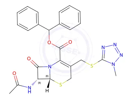 Chemical structure of benzhydryl (6R,7R)-7-acetamido-3-(((1-methyl-1H-tetrazol-5-yl)thio)methyl)-8-oxo-5-thia-1-azabicyclo[4.2.0]oct-2-ene-2-carboxylate