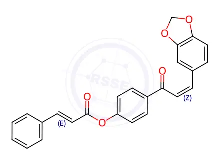 Chemical structure of 4-[(2Z)-3-(2H-1,3-Benzodioxol-5-yl)prop-2-enoyl]phenyl (2E)-3-phenylprop-2-enoate