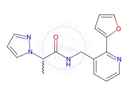 Chemical structure of N-((2-(Furan-2-yl)pyridin-3-yl)methyl)-2-(1H-pyrazol-1-yl)propanamide