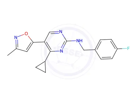 Chemical structure of 4-Cyclopropyl-n-[(4-fluorophenyl)methyl]-5-(3-methyl-1,2-oxazol-5-yl)pyrimidin-2-amine