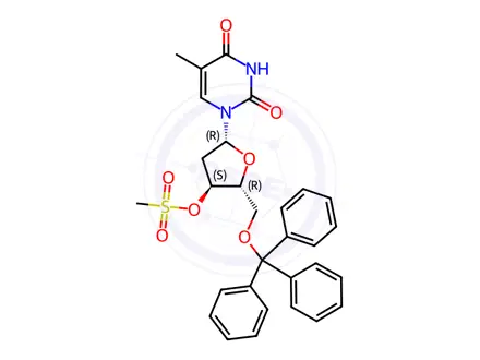 Chemical structure of 5`-O-Trityl-3`-O-mesylthymidine