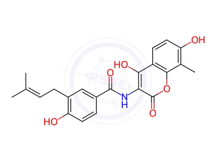 Chemical structure of N-(4,7-Dihydroxy-8-methyl-2-oxo-2H-chromen-3-yl)-4-hydroxy-3-(3-methylbut-2-en-1-yl)benzamide