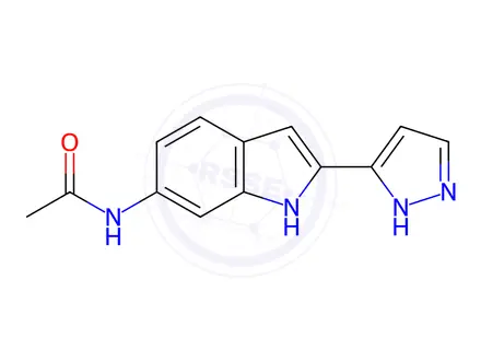 Chemical structure of N-(2-(1H-Pyrazol-3-yl)-1H-indol-6-yl)acetamide