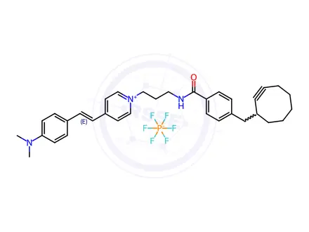Chemical structure of 1-(3-(4-(Cyclooct-2-yn-1-ylmethyl)benzamido)propyl)-4-(4-(dimethylamino)styryl)pyridin-1-ium hexafluorophosphate(v)