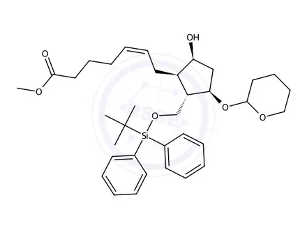 Chemical structure of (1R,2S,3R,5S,δZ)-2-(tert-Butyldiphenylsilyloxy)methyl-5-hydroxy-3-tetrahydropyranyloxy-cyclopentanehept-δ-en-oic Acid Methyl Ester (Mixture of Diastereomers)