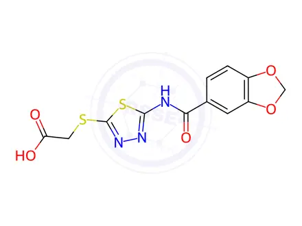 Chemical structure of 2-({5-[(1,3-benzodioxol-5-ylcarbonyl)amino]-1,3,4-thiadiazol-2-yl}sulfanyl)acetic acid
