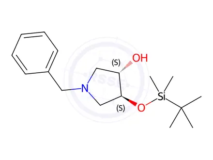 Chemical structure of (3S,4S)-1-benzyl-4-[(tert-butyldimethylsilyl)oxy]pyrrolidin-3-ol