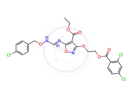 Chemical structure of Ethyl 5-[(E)-N'-[(4-chlorophenyl)methoxy]imidamido]-3-[2-(2,4-dichlorobenzoyloxy)ethoxy]-1,2-oxazole-4-carboxylate