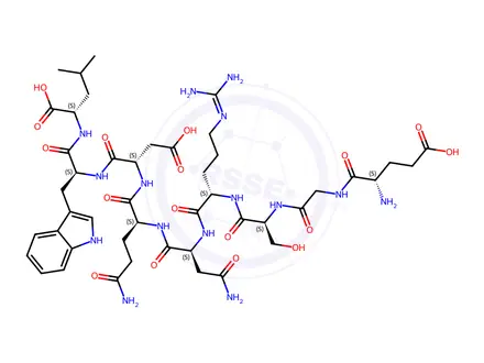 Chemical structure of (2S,5S,8S,11S,14S,17S,20S,26S)-5-((1H-Indol-3-yl)methyl)-26-amino-14-(2-amino-2-oxoethyl)-11-(3-amino-3-oxopropyl)-8-(carboxymethyl)-17-(3-guanidinopropyl)-20-(hydroxymethyl)-2-isobutyl-4,7,10,13,16,19,22,25-octaoxo-3,6,9,12,15,18,21,24-octaazanonacosanedioic Acid