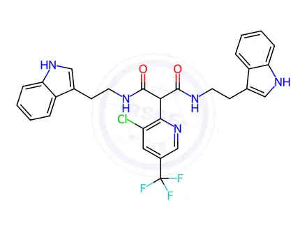 Chemical structure of N1,N3-bis(2-(1H-indol-3-yl)ethyl)-2-(3-chloro-5-(trifluoromethyl)pyridin-2-yl)malonamide