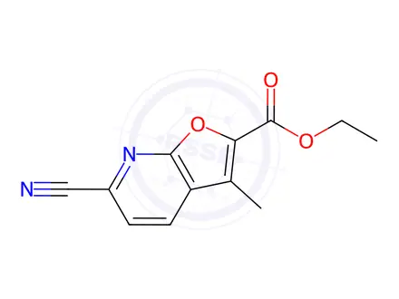Chemical structure of Furo[2,3-b]pyridine-2-carboxylic acid, 6-cyano-3-methyl-, ethyl ester