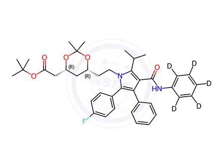Chemical structure of (6-{2-[3-(4-Phenylcarbamoyl)-5-(4-fluoro-phenyl)-2-isopropyl-4-phenyl-d5-pyrrol-1-yl]-ethyl}-2,2-dimethyl-[1,3]-dioxane-4-yl)-acetic Acid, tert-Butyl Ester