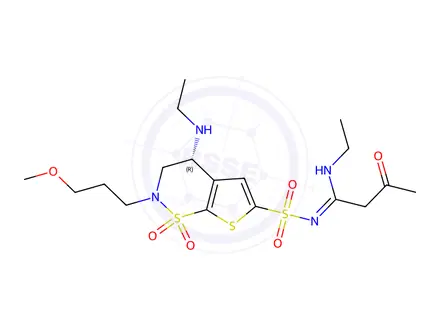 Chemical structure of (R)-N-Ethyl-N'-((4-(ethylamino)-2-(3-methoxypropyl)-1,1-dioxido-3,4-dihydro-2H-thieno[3,2-e][1,2]thiazin-6-yl)sulfonyl)-3-oxobutanimidamide