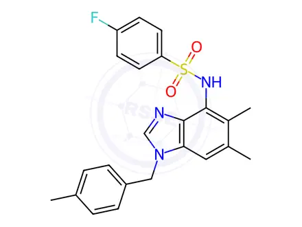Chemical structure of N-(5,6-dimethyl-1-(4-methylbenzyl)-1H-benzo[d]imidazol-4-yl)-4-fluorobenzenesulfonamide