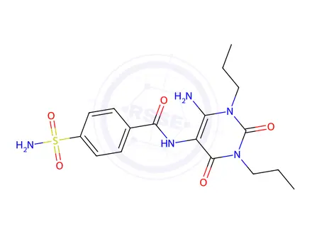 Chemical structure of N-(6-Amino-2,4-dioxo-1,3-dipropyl-1,2,3,4-tetrahydropyrimidin-5-yl)-4-sulfamoylbenzamide