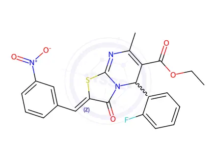 Chemical structure of ethyl 5-(2-fluorophenyl)-2-{3-nitrobenzylidene}-7-methyl-3-oxo-2,3-dihydro-5H-[1,3]thiazolo[3,2-a]pyrimidine-6-carboxylate