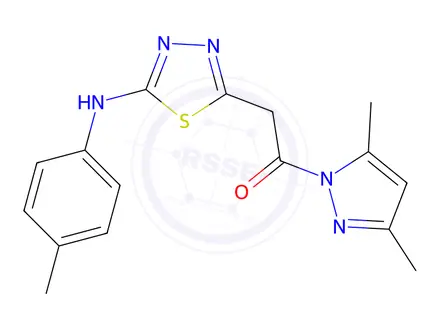 Chemical structure of 1-(3,5-Dimethyl-1H-pyrazol-1-yl)-2-(5-(p-tolylamino)-1,3,4-thiadiazol-2-yl)ethan-1-one