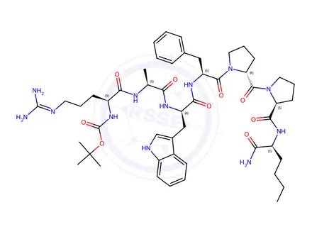Chemical structure of tert-Butyl ((6S,9S,12R,15S)-12-((1H-indol-3-yl)methyl)-1-amino-16-((R)-2-((S)-2-(((S)-1-amino-1-oxohexan-2-yl)carbamoyl)pyrrolidine-1-carbonyl)pyrrolidin-1-yl)-15-benzyl-1-imino-9-methyl-7,10,13,16-tetraoxo-2,8,11,14-tetraazahexadecan-6-yl)carbamate