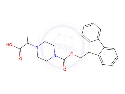Chemical structure of 2-(4-(((9H-fluoren-9-yl)methoxy)carbonyl)piperazin-1-yl)propanoic acid