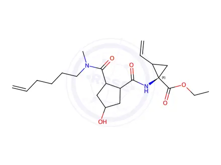 Chemical structure of Ethyl (1R,2S)-1-((1R,2R,4S)-2-(hex-5-en-1-yl(methyl)carbamoyl)-4-hydroxycyclopentane-1-carboxamido)-2-vinylcyclopropane-1-carboxylate