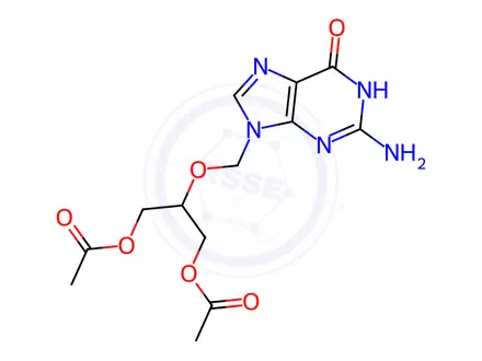 Chemical structure of 2-((2-amino-6-oxo-1,6-dihydro-9H-purin-9-yl)methoxy)propane-1,3-diyl diacetate