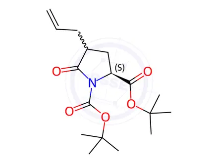 Chemical structure of (2S)-di-tert-butyl4-allyl-5-oxopyrrolidine-1,2-dicarboxylate
