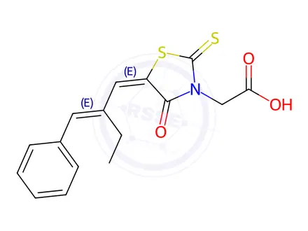 Chemical structure of 4-Oxo-5-[2-(phenylmethylene)butylidene]-2-thioxo-3-thiazolidineacetic Acid