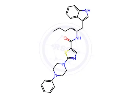 Chemical structure of N-[1-(1H-indol-3-ylmethyl)pentyl]-2-(4-phenylpiperazin-1-yl)thiazole-5-carboxamide