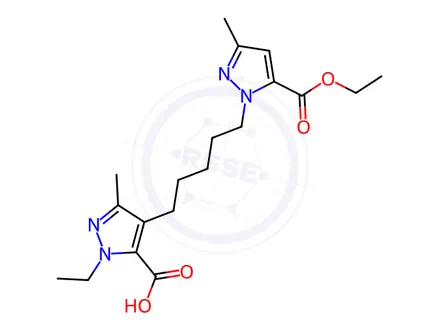 Chemical structure of 4-(5-(5-(Ethoxycarbonyl)-3-methyl-1H-pyrazol-1-yl)pentyl)-1-ethyl-3-methyl-1H-pyrazole-5-carboxylic acid