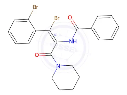 Chemical structure of (Z)-N-(1-Bromo-1-(2-bromophenyl)-3-oxo-3-(piperidin-1-yl)prop-1-en-2-yl)benzamide
