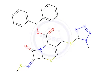 Chemical structure of benzhydryl 3-(((1-methyl-1H-tetrazol-5-yl)thio)methyl)-7-((methylthio)imino)-8-oxo-5-thia-1-azabicyclo[4.2.0]oct-3-ene-2-carboxylate
