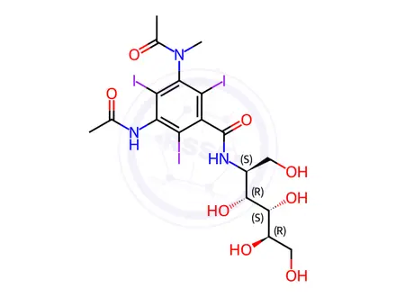 Chemical structure of 3-acetamido-5-(acetyl-methyl-amino)-2,4,6-triiodo-N-[(2S,3R,4S,5R)-1,3,4,5,6-pentahydroxyhexan-2-yl]benzamide