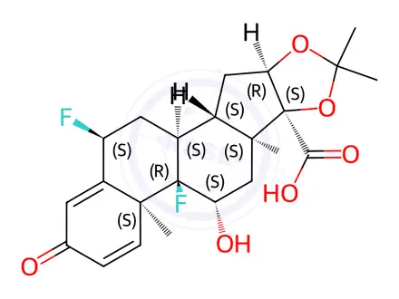 Chemical structure of (6a,11b,16a,17a)-6,9-Difluoro-11-hydroxy-16,17-[(1-methylethylidene)bis(oxy)]-3-oxoandrosta-1,4-diene-17-carboxylic Acid