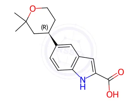 Chemical structure of (R)-5-(2,2-Dimethyltetrahydro-2H-pyran-4-yl)-1H-indole-2-carboxylic Acid