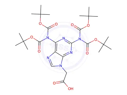 Chemical structure of 2-(2,6-Bis(bis(tert-butoxycarbonyl)amino)-9H-purin-9-yl)acetic acid