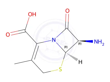 Chemical structure of trans-(±)-7-amino-3-methyl-8-oxo-5-thia-1-azabicyclo[4.2.0]oct-2-ene-2-carboxylic acid