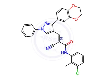 Chemical structure of N-(3-chloro-2-methylphenyl)-2-cyano-3-[3-(2,3-dih ydro-1,4-benzodioxin-6-yl)-1-phenyl-1H-pyrazol-4-yl]prop-2-enamide