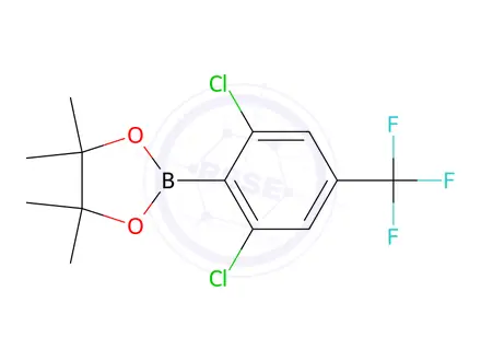 Chemical structure of 2-(2,6-dichloro-4-(trifluoromethyl)phenyl)-4,4,5,5-tetramethyl-1,3,2-dioxaborolane