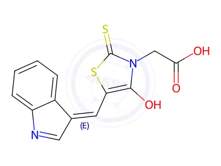 Chemical structure of 2-(5-((1H-Indol-3-yl)methylene)-4-oxo-2-thioxothiazolidin-3-yl)acetic acid