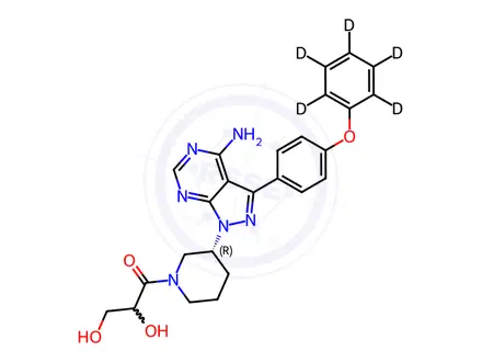Chemical structure of 1-((R)-3-(4-Amino-3-(4-(phenoxy-D5)phenyl)-1H-pyrazolo[3,4-d]pyrimidin-1-yl)piperidin-1-yl)-2,3-dihydroxypropan-1-one