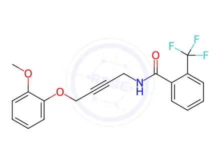 Chemical structure of N-(4-(2-Methoxyphenoxy)but-2-yn-1-yl)-2-(trifluoromethyl)benzamide