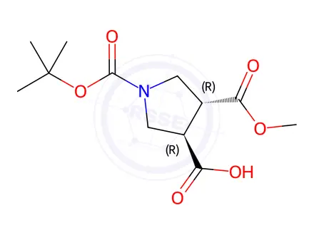 Chemical structure of (3R,4R)-1-(tert-butoxycarbonyl)-4-(methoxycarbonyl)pyrrolidine-3-carboxylic acid