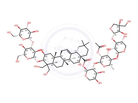 Chemical structure of Olean-12-en-28-oic acid, 3-[(3-O-β-D-glucopyranosyl-β-D-glucopyranosyl)oxy]-2,16,23,24-tetrahydroxy-, O-D-apio-β-D-furanosyl-(1→3)-O-β-D-xylopyranosyl-(1→4)-O-2-O-acetyl-6-deoxy-α-L-mannopyranosyl-(1→2)-α-L-arabinopyranosyl ester, (2β,3β,16α)-