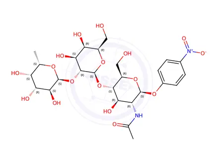 Chemical structure of 4-Nitrophenyl 2-acetamido-2-deoxy-4-O-[2-O-(α-L-fucopyranosyl)-β-D-galactopyranosyl]-β-D-glucopyranoside