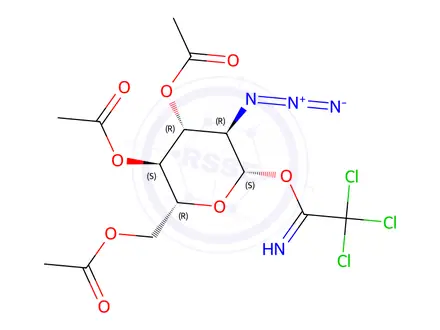 Chemical structure of (2R,3S,4R,5R,6S)-2-(acetoxymethyl)-5-azido-6-(2,2,2-trichloro-1-iminoethoxy)tetrahydro-2H-pyran-3,4-diyl diacetate