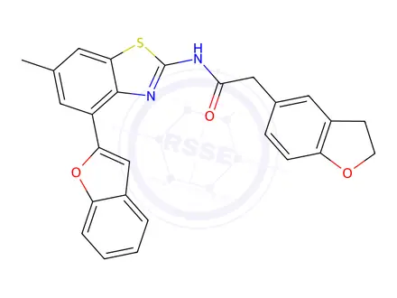 Chemical structure of N-(4-(Benzofuran-2-yl)-6-methylbenzo[d]thiazol-2-yl)-2-(2,3-dihydrobenzofuran-5-yl)acetamide