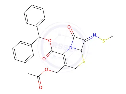 Chemical structure of benzhydryl 3-(acetoxymethyl)-7-((methylthio)imino)-8-oxo-5-thia-1-azabicyclo[4.2.0]oct-2-ene-2-carboxylate