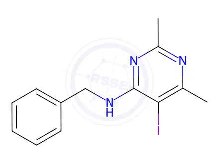 Chemical structure of N-benzyl-5-iodo-2,6-dimethylpyrimidin-4-amine